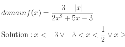 The domain of f(x)=(3+|x|)/(2x^2+5x-3) is x<-3\lor-3<x< 1/2 \lor x> 1/2